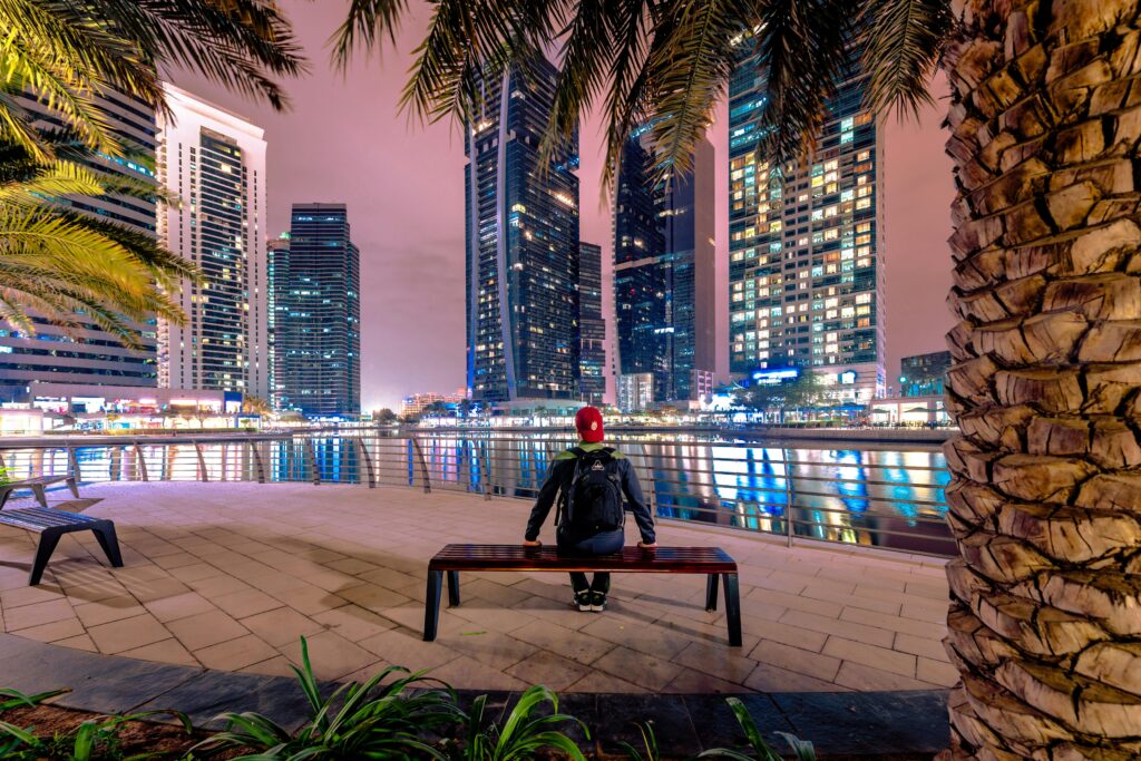 Person on a bench overlooking an illuminated cityscape at dusk with palm trees and skyscrapers.